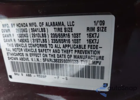 2009 Honda Odyssey Lx z USA, uszkodzony, nr VIN 5FNRL38229B039533